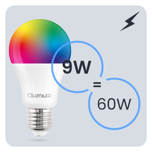 LED izzó E27 A60 9W = 60W 806lm RGB+3000K szabályozható Smart LUMILED