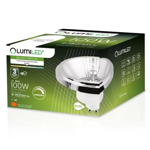 LED izzó GU10 ES111 15W = 100W 1521lm 4000K Semleges 38° ezüst fényerőszabályzó LUMILED