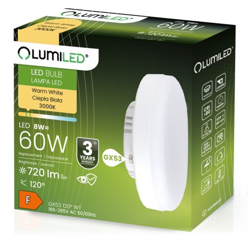 GX53 LED izzó 8W = 60W 720lm 3000K meleg 120° LUMILED