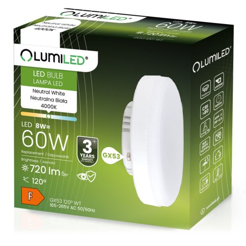 GX53 LED izzó 8W = 60W 720lm 4000K semleges 120° LUMILED