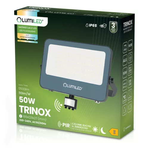 TRINOX LED reflektor 50W 5500lm CCT IP65 szürke mozgás- és alkonyérzékelő LUMILED