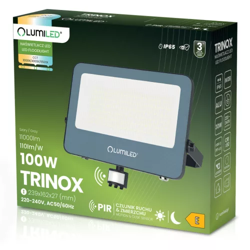 TRINOX LED reflektor 100W 11000lm CCT IP65 szürke mozgás- és alkonyérzékelő LUMILED