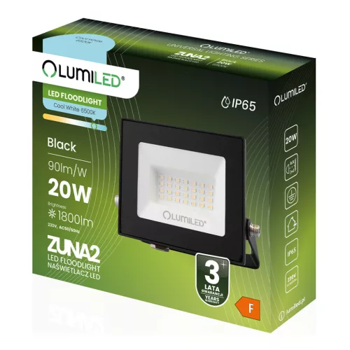 ZUNA2 LED reflektor 20W 1800lm 6500K IP65 Fekete LUMILED