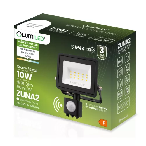 ZUNA2 LED reflektor 10W 900lm 4000K IP44 fekete mozgásérzékelő LUMILED