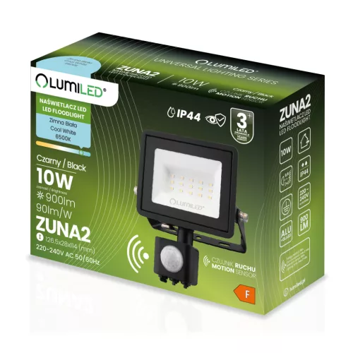 ZUNA2 LED reflektor 10W 900lm 6500K IP44 fekete mozgásérzékelő LUMILED
