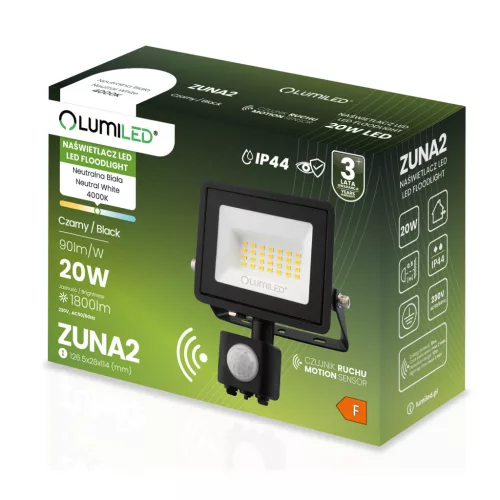 ZUNA2 LED reflektor 20W 1800lm 4000K IP44 fekete mozgásérzékelő LUMILED