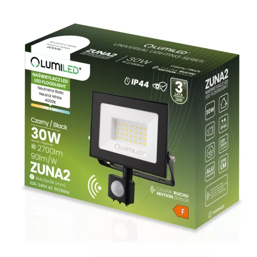 ZUNA2 LED reflektor 30W 2700lm 4000K IP44 fekete mozgásérzékelő LUMILED