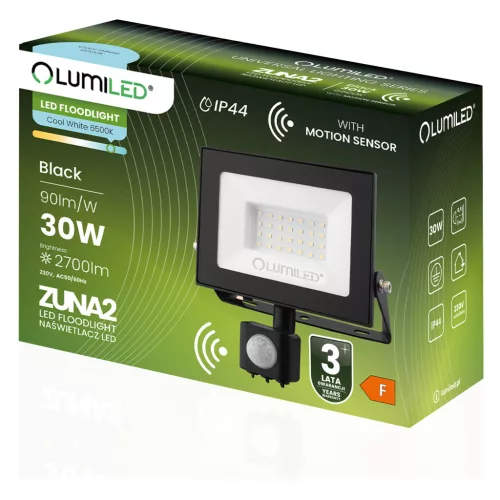 ZUNA2 LED reflektor 30W 6500lm 6500K IP44 fekete mozgásérzékelő LUMILED