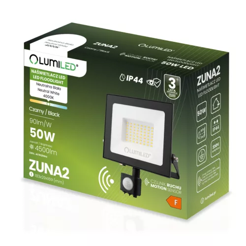 ZUNA2 LED reflektor 50W 4500lm 4000K IP44 fekete mozgásérzékelő LUMILED