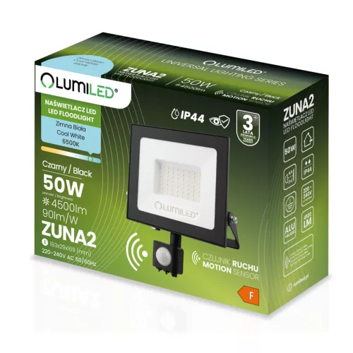 ZUNA2 LED reflektor 50W 4500lm 6500K IP44 fekete mozgásérzékelő LUMILED