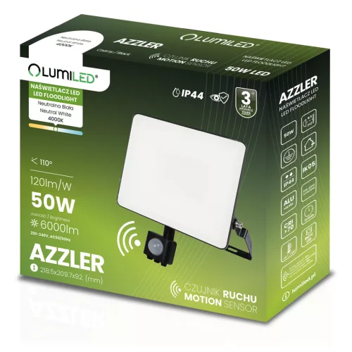 LED Reflektor AZZLER 50W 6000lm 4000K IP44 Kültéri Halogén Lámpa Mozgásérzékelővel Fekete LUMILED