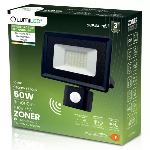 ZONER LED reflektor 50W 5000LM 4000K IP65 fekete LUMILED mozgásérzékelő
