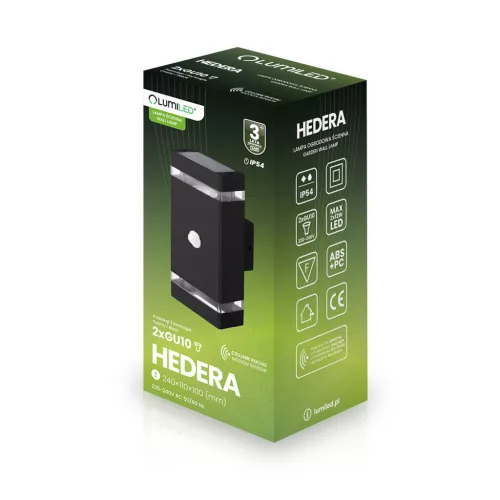 Kerti Lámpa, Fali Lámpa, Homlokzati, Felső és Alsó, 2x GU10, Fekete, Mozgás- és Alkonyérzékelő, IP54, HEDERA LUMILED