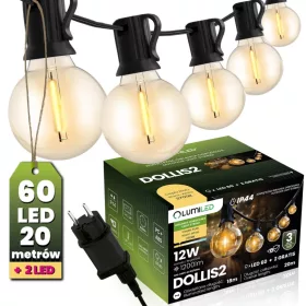   Kerti füzér kültéri fényfüzér 20m 60x LED + 2 izzó 12W meleg 2700K DOLLIS2 LUMILED