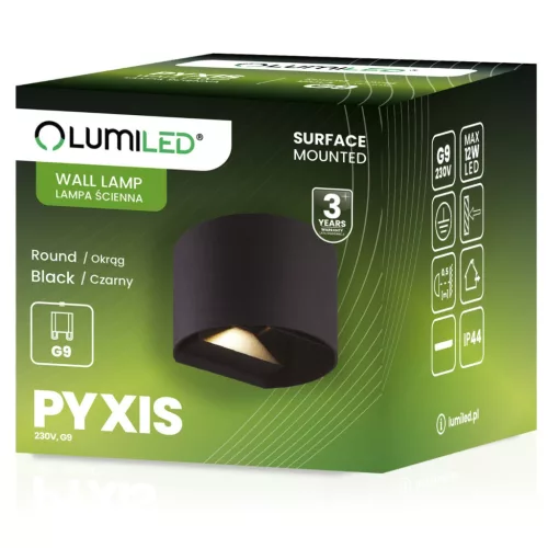 Kerti fali lámpa LED G9 állítható, kerek tetejű alsó fekete PYXIS LUMILED
