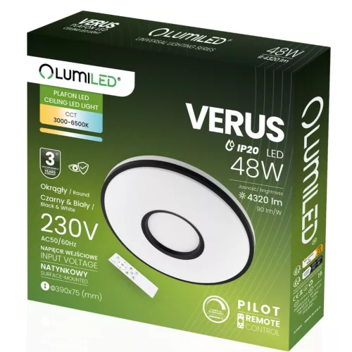 LED Mennyezeti Lámpa Felületre Szerelhető VERUS 48W CCT Fehér Kerek 40cm + LUMILED TÁVIRÁNYÍTÓ