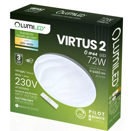 LED Mennyezeti Lámpa Felületre Szerelhető VIRTUS2 72W IP44 CCT Fehér Kerek 50cm + LUMILED TÁVIRÁNYÍTÓ