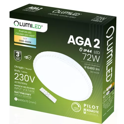 LED Mennyezeti Lámpa Felületre Szerelhető AGA2 72W IP44 CCT Fehér Kerek 50cm + LUMILED TÁVIRÁNYÍTÓ