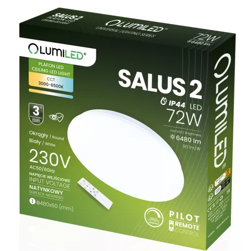 LED Mennyezeti Lámpa Felületre Szerelhető SALUS2 72W IP44 CCT Fehér Kerek 50cm + LUMILED TÁVIRÁNYÍTÓ