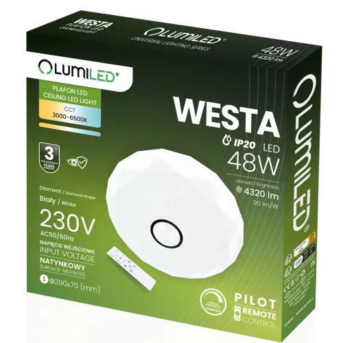LED Mennyezeti Lámpa Felületre Szerelhető WESTA 48W CCT Fehér Kerek 40cm + LUMILED TÁVIRÁNYÍTÓ