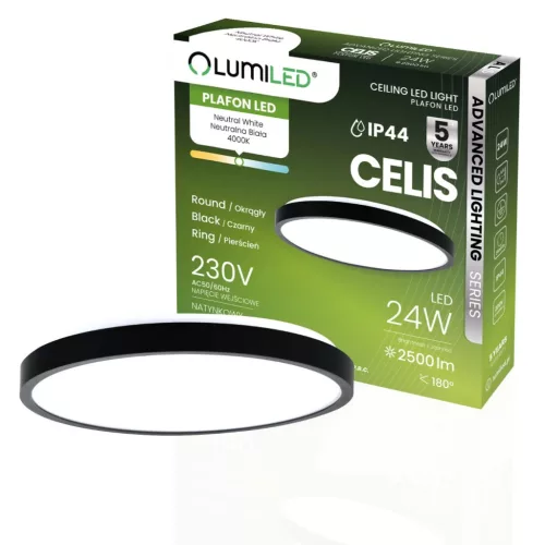 LED mennyezeti lámpa, felületre szerelt 24W 4000K 2500lm 104lm/W CELIS kerek IP44 fekete gyűrű ALS LUMILED