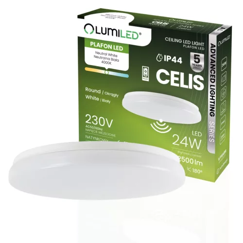 LED mennyezeti lámpa, felületre szerelt 24W 4000K 2500lm 104lm/W CELIS kerek IP44 mozgásérzékelő ALS LUMILED