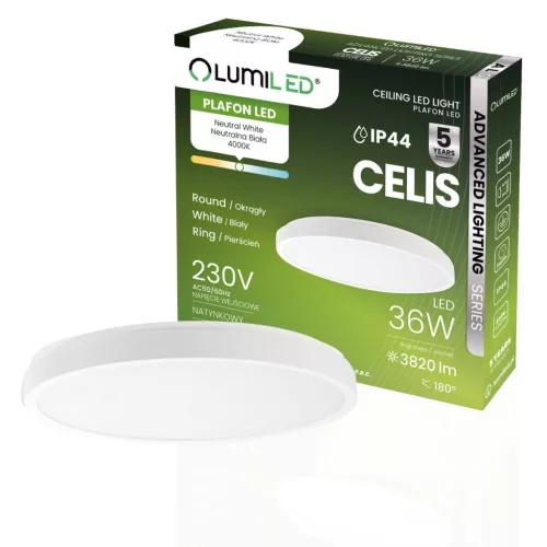 LED mennyezeti lámpa, felületre szerelt 36W 4000K 3820lm 106 lm/W CELIS kerek IP44 fehér gyűrű ALS LUMILED