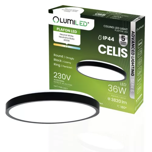 LED mennyezeti lámpa, felületre szerelt 36W 4000K 3820lm 106 lm/W CELIS kerek IP44 fekete gyűrű ALS LUMILED