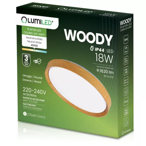 LED Mennyezeti Lámpatest Felületre Szerelhető Panel Mennyezeti Lámpatest WOODY 18W 4000K Kerek IP44 27cm LUMILED