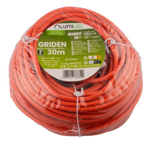Kerti hosszabbító kábel építési szimpla 1 aljzat 30m narancssárga zsinór GRIDEN Lumiled