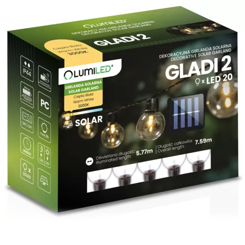 Kerti Solar Gorland 20x LED dekoratív golyók 7,5 m 3000K GLADI 2 LUMILED