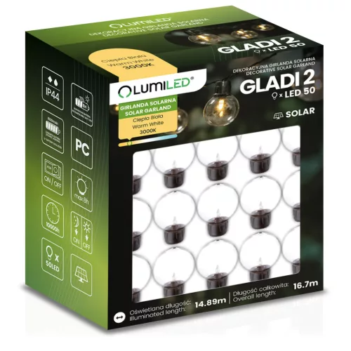 Kerti Solar GIRLAND 50x LED dekoratív golyók 16,7 m meleg 3000K GLADI 2 LUMILED