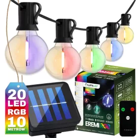   Garden Solar Girland 20x LED Dekoratív G50 Izzók 10,6m 3000K RGB + Távirányító EREMI LUMILED