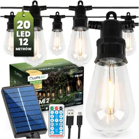   Napelemes kerti girland 20x LED dekoratív izzók 11,68m 3000K Meleg + Távirányító EREMI 2 LUMILED