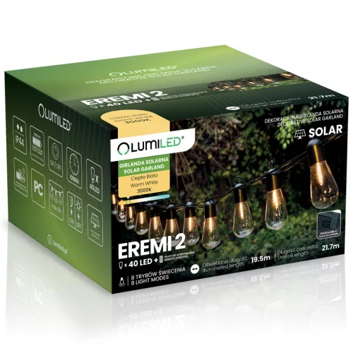 Napelemes kerti girland 40x LED dekoratív izzók 21,70m 3000K Meleg + Távirányító EREMI 2 LUMILED