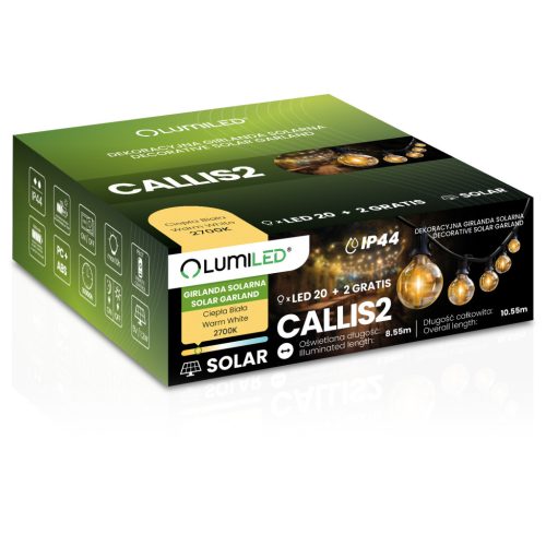 Napelemes kerti girland 20x LED dekoratív gömb 10,55 m 2700K Meleg szín + Távirányítós CALLIS2 LUMILED