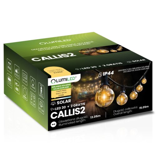 Napelemes kerti girland, 30 db LED dekoratív gömb, 15,05 m, 2700 K, meleg színhőmérséklettel, távirányítóval, CALLIS2, LUMILED