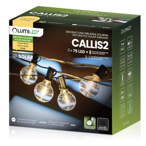 Kerti napelemes fényfüzér 75x LED dekoratív gömbökkel 45m 2700K meleg fehér + távirányító CALLIS2 LUMILED