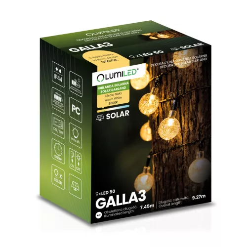 Napelemes kerti girland 50x LED dekoratív gömbök 9,27 m 3000K Meleg GALLA3 LUMILED