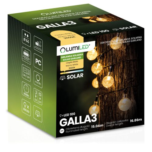 Napelemes kerti girland 100x LED dekoratív gömbök 16,86 m 3000K Meleg GALLA3 LUMILED