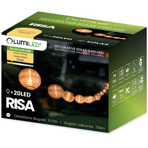 Kerti Solar Girland 20x LED dekoratív lámpák 7,59 m meleg 3000K RISA LUMILED