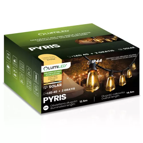 Napelemes kerti girland 40 db LED dekoratív izzó 14,5 m 2700 K Meleg + Távirányító PYRIS LUMILED