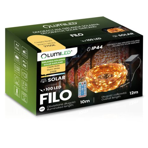 Napelemes kerti girland 100x LED dekoratív vezeték 12m 3000K Meleg + PIOT FILO LUMILED