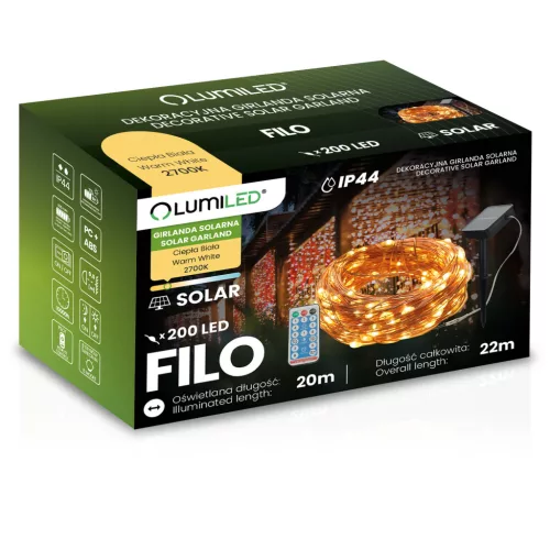 Napelemes kerti girland 200x LED dekoratív vezeték 22m 3000K Meleg + FILO LUMILED távirányító