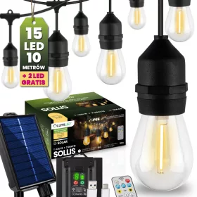   Napelemes kerti girland 15x LED dekoratív izzó 10m + távirányító IP65 2700K Meleg SOLLIS LUMILED
