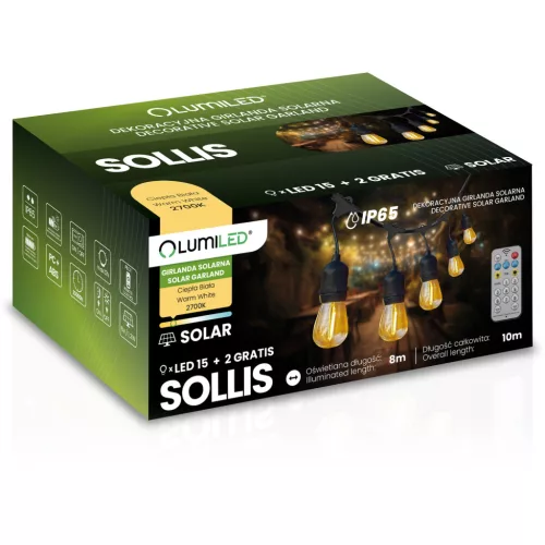 Napelemes kerti girland 15x LED dekoratív izzó 10m + távirányító IP65 2700K Meleg SOLLIS LUMILED