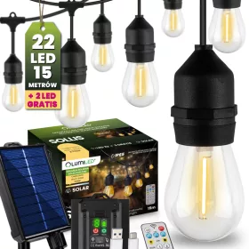   Napelemes kerti girland 22 db LED dekoratív izzó 15 m + távirányító IP65 2700 K Meleg SOLLIS LUMILED