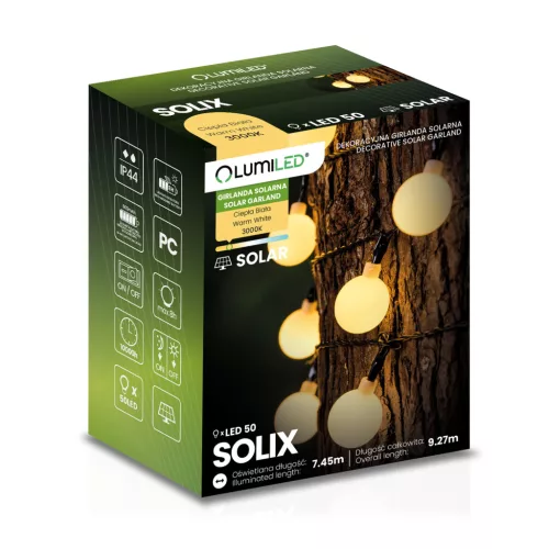 Napelemes kerti girland 50x LED dekoratív gömbök 9,27 m 3000K Meleg SOLIX LUMILED