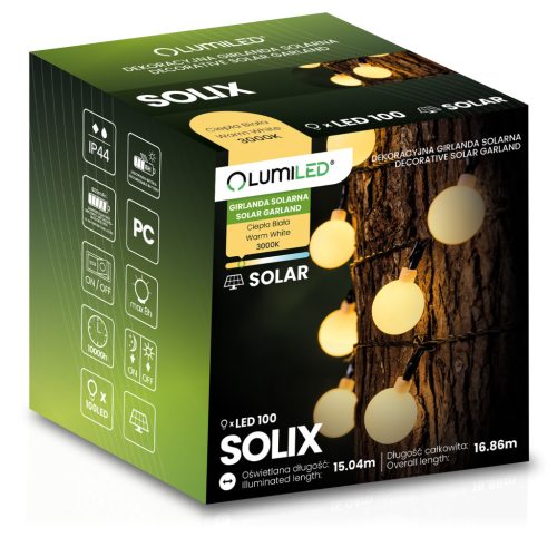 Napelemes kerti girland 100x LED dekoratív gömb 16,86 m 3000K Meleg SOLIX LUMILED