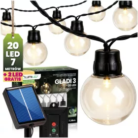   Napelemes kerti fényfüzér 20 LED erkélyre díszgömbök 7,36m 3000K meleg fehér GLADI 3 LUMILED